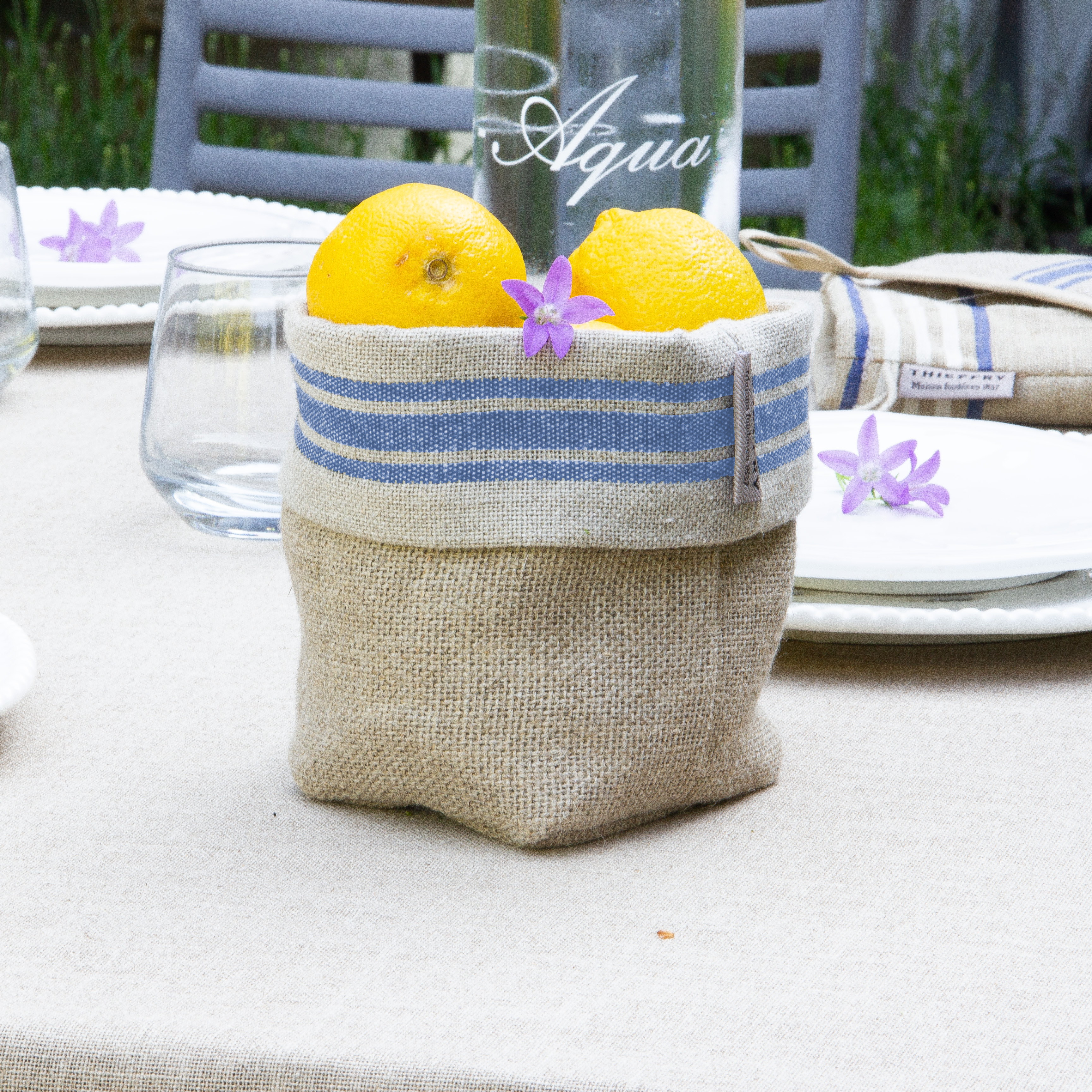 PANIERE en Lin PETIT MODELE Monogramme Bleu