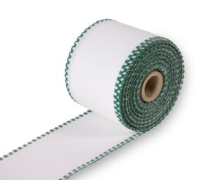 GALON COTON AIDA 75MM Fond blanc / Feston vert foret